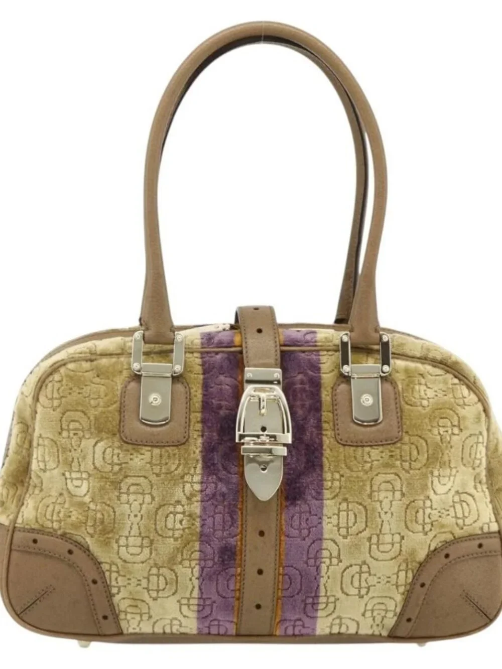 GUCCI Horsebit Boston Bag Velor Gold Beige 145770 Auth 176490V